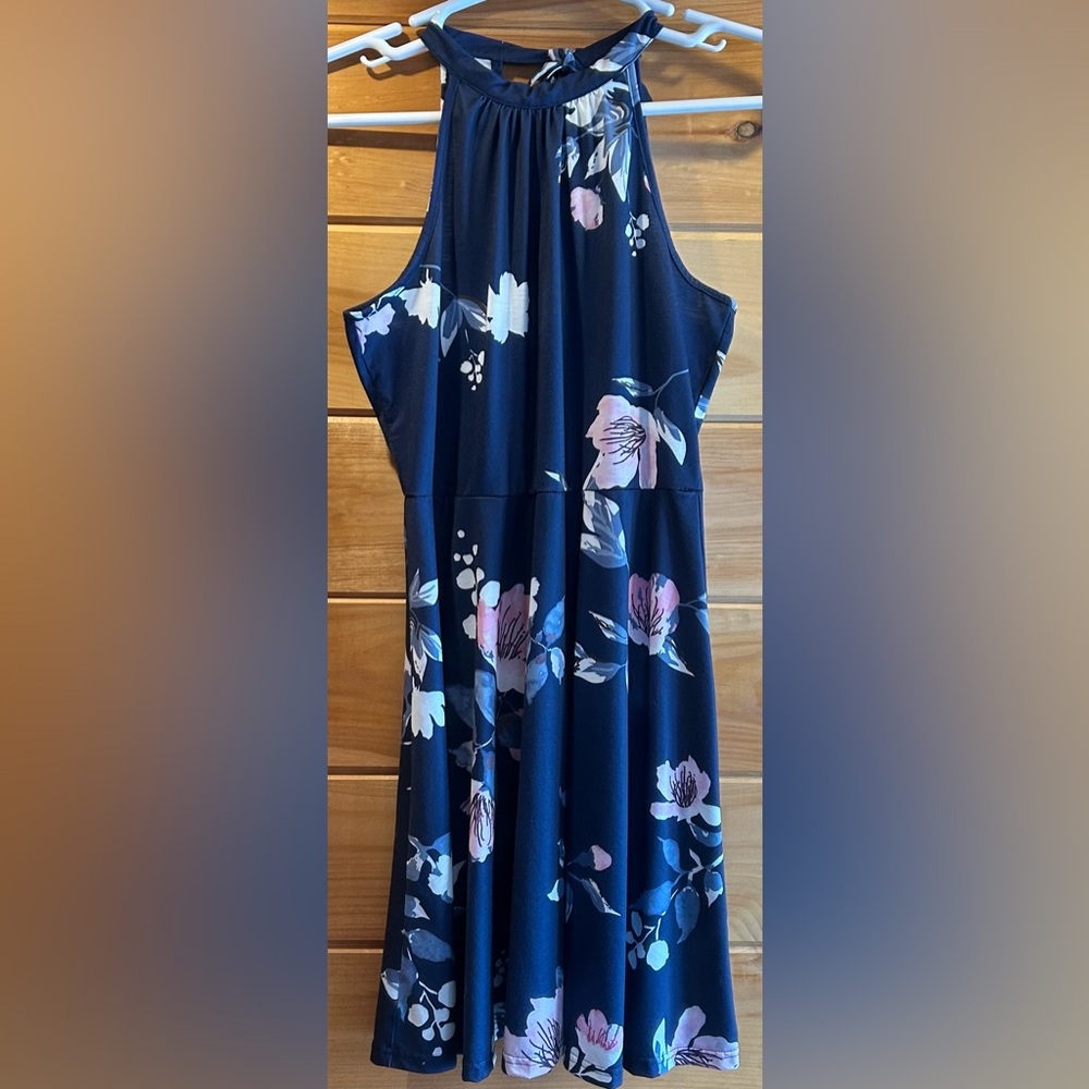 NWT Navy Floral Halter Midi Dress OUGES L
